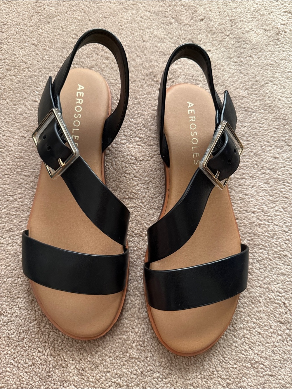 AEROSOLES Black Wide-Strap Slingback Sandals with Buckle